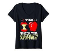 Femme J’enseigne, et toi, c’est Quoi Ton superpouvoir? T-Shirt avec Col en V