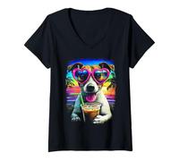 Femme Jack Russell Chien avec Lunettes de Soleil Café Glacé Plage Été T-Shirt avec Col en V