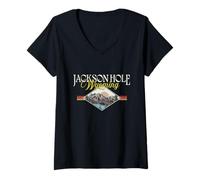 Femme Jackson Hole Wyoming Grand Teton Mountains Vintage Rétro T-Shirt avec Col en V