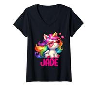 Femme Jade Nom personnalisé Licorne Colorée Femmes Filles T-Shirt avec Col en V