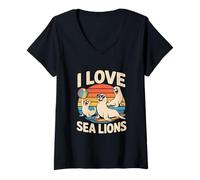Femme J'adore l'ambiance rétro de la Plage avec Les Lions de mer T-Shirt avec Col en V