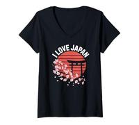 Femme J'adore le coucher de soleil de Cherry Blossom Torii au Japon T-Shirt avec Col en V