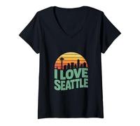 Femme J'adore Le Design Vintage de la Ligne d'horizon Urbaine de Seattle T-Shirt avec Col en V