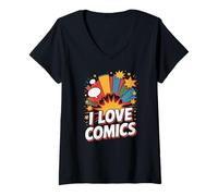 Femme J'adore les bandes dessinées Burst Star Pop Art T-Shirt avec Col en V