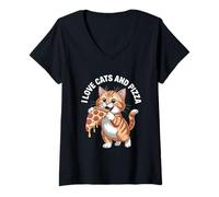Femme J'adore Les Chats et Les Pizzas Funny Cat T-Shirt avec Col en V