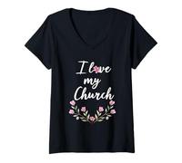 Femme J'adore ma église T-Shirt Fleurs Roses Mignonnes T-Shirt avec Col en V