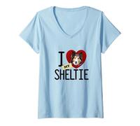 Femme J'adore Mon Chien de Berger des Shetland T-Shirt avec Col en V