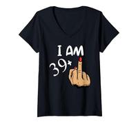 Femme J'Ai 39 Ans et Middle Finger est Un 40e Anniversaire Amusant T-Shirt avec Col en V, Noir, XL