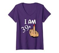Femme J'Ai 39 Ans et Middle Finger est Un 40e Anniversaire Amusant T-Shirt avec Col en V, Violet, S