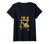 Femme J'ai 4 ans et c'est l'anniversaire de la construction de l'excavatrice Crushing It T-Shirt avec Col en V
