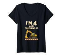 Femme J'ai 4 ans et l'anniversaire de Crushing It Construction Excavator T-Shirt avec Col en V