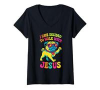 Femme J'Ai décidé de Marcher avec Jésus - Funny Dog Christian T-Shirt avec Col en V