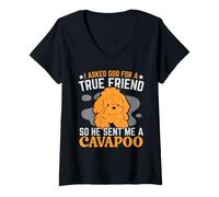 Femme J'Ai demandé à Dieu Un véritable ami Alors il m'a envoyé Un Chien Cavapoo T-Shirt avec Col en V