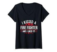 Femme J'Ai embrassé Un Pompier et J'Ai Bien aimé Funny St Valentin T-Shirt avec Col en V