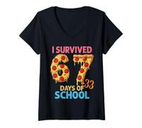 Femme J'Ai survécu à 100 Jours d'école 67 + 33 Pizzas T-Shirt avec Col en V