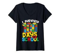 Femme J'Ai survécu à 100 Jours d'école Building Blocks Student T-Shirt avec Col en V