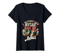 Femme J'Ai survécu à 67+33 Jours d'école et 100 Jours d'école T-Shirt avec Col en V