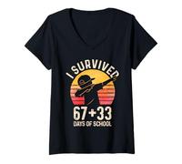 Femme J'Ai survécu à 67 33 Jours d'école Garçons drôles du 100e T-Shirt avec Col en V