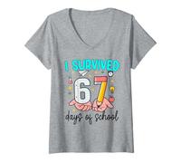 Femme J'Ai survécu à 67 Jours d'école, Six élèves et Sept mèmes T-Shirt avec Col en V