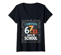 Femme J'Ai survécu à 67 Jours Plus 33 Jours d'école, d'enseignants, d'élèves et d'enfants T-Shirt avec Col en V
