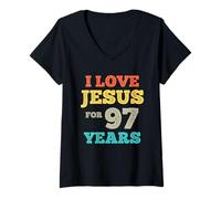 Femme J'aime Jésus pour 97 Ans Vintage Joyeux 97e Anniversaire T-Shirt avec Col en V