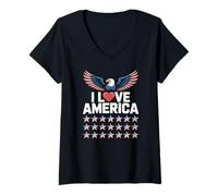 Femme J'aime l'Amérique Eagle Wings Stars T-Shirt avec Col en V