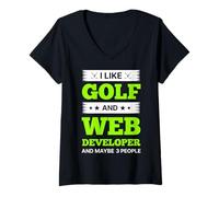 Femme J'aime Le Golf et Le développeur Web et Peut-être 3 Personnes T-Shirt avec Col en V