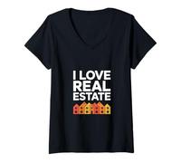 Femme J'aime Les icônes de Maison colorées de l'immobilier T-Shirt avec Col en V