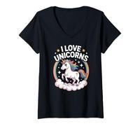 Femme J'aime les licornes, jolies étoiles magiques arc-en-ciel T-Shirt avec Col en V