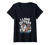 Femme J'aime Les loutres Mignonnes éclaboussures d'animaux d'eau T-Shirt avec Col en V
