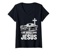 Femme J'aime Les Muscle Cars et Je Crois en Jésus T-Shirt avec Col en V