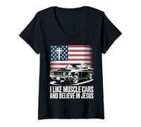 Femme J'aime Les Muscle Cars et Je Crois en Jésus T-Shirt avec Col en V