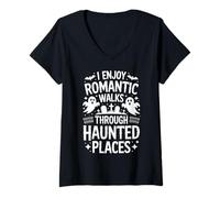Femme J'aime Les promenades romantiques à Travers Les lieux hantés Chasse aux fantômes T-Shirt avec Col en V
