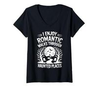 Femme J'aime Les promenades romantiques à Travers Les lieux hantés Chasse aux fantômes T-Shirt avec Col en V