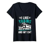 Femme J'aime Les Trains et Mon Chat T-Shirt avec Col en V