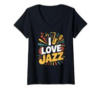 Femme J'aime Les Vibrations de la Musique de Saxophone Jazz T-Shirt avec Col en V