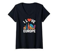 Femme J'aime l'Europe, sites célèbres et voyages T-Shirt avec Col en V