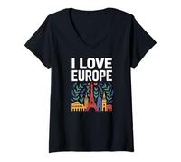 Femme J'aime l'europe, Sites célèbres et Voyages T-Shirt avec Col en V