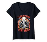 Femme J'aime ma mère Beaucoup de Motard de Berceau Squelette T-Shirt avec Col en V