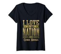 Femme J'aime ma Nation et Les Bandes dessinées - Patriotic American T-Shirt avec Col en V