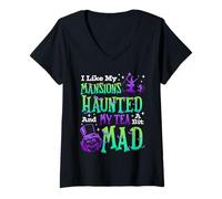 Femme J'aime Mes manoirs hantés et Mon thé Un Peu Fou pour Halloween T-Shirt avec Col en V