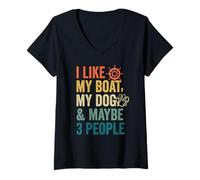 Femme J'aime Mon Bateau, Mon Chien et Peut-être 3 Personnes, Capitaine de Bateau rétro T-Shirt avec Col en V