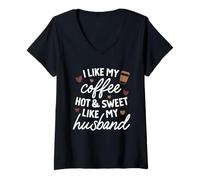 Femme J'aime Mon café Chaud et sucré comme Mon Mari Saint-Valentin T-Shirt avec Col en V