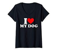 Femme J'AIME MON CHIEN - JE COEUR MON CHIEN T-Shirt avec Col en V