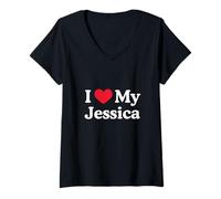 Femme J'aime Mon cœur Jessica J'aime Jessica T-Shirt avec Col en V