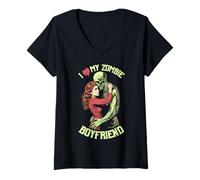 Femme J'aime mon petit ami zombie Halloween Vintage Horror Couple T-Shirt avec Col en V
