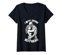 Femme J'aime mon petit ami zombie Halloween Vintage Horror Couple T-Shirt avec Col en V