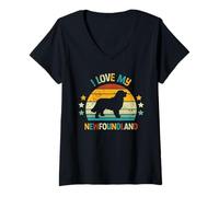 Femme J'aime Mon Terre-Neuve - Rétro Newf Dog Lover T-Shirt avec Col en V