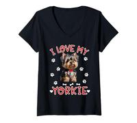 Femme J'aime Mon Yorkie Mignon Yorkshire Terrier Empreinte T-Shirt avec Col en V