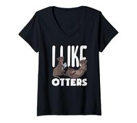 Femme J'aime Sea Otter, Dessin animé Animal Love T-Shirt avec Col en V
